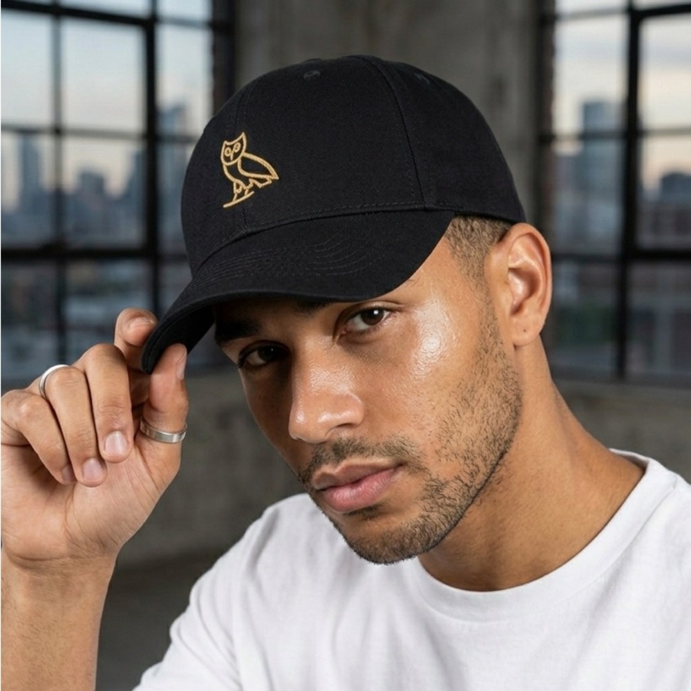 Black Cap with Gold Owl Logo Streetwear Hat Hip Hop